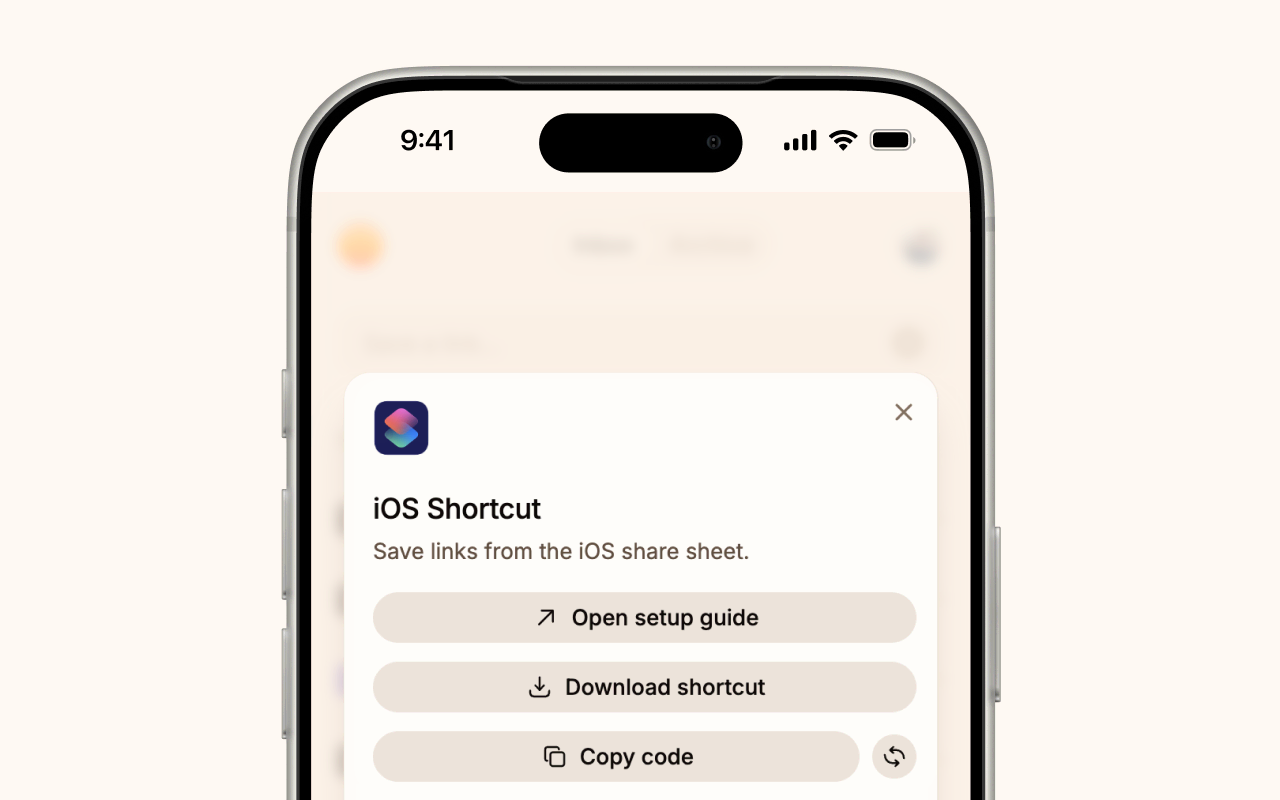The iOS Shortcut dialog in Shiori, showing the Download shortcut and Copy code buttons