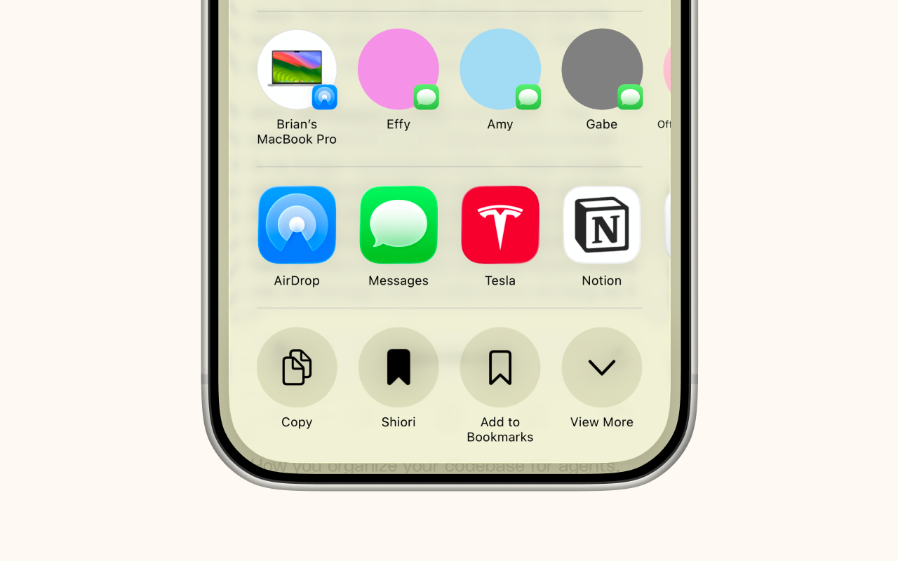 The share sheet with Shiori in the quick actions row